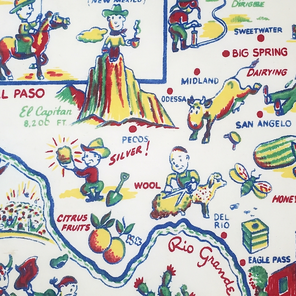 SOLD Vtg Texas Novelty Souvenir Tablecloth 37"x 32" Lone Star State Caricature - Picture 8 of 15